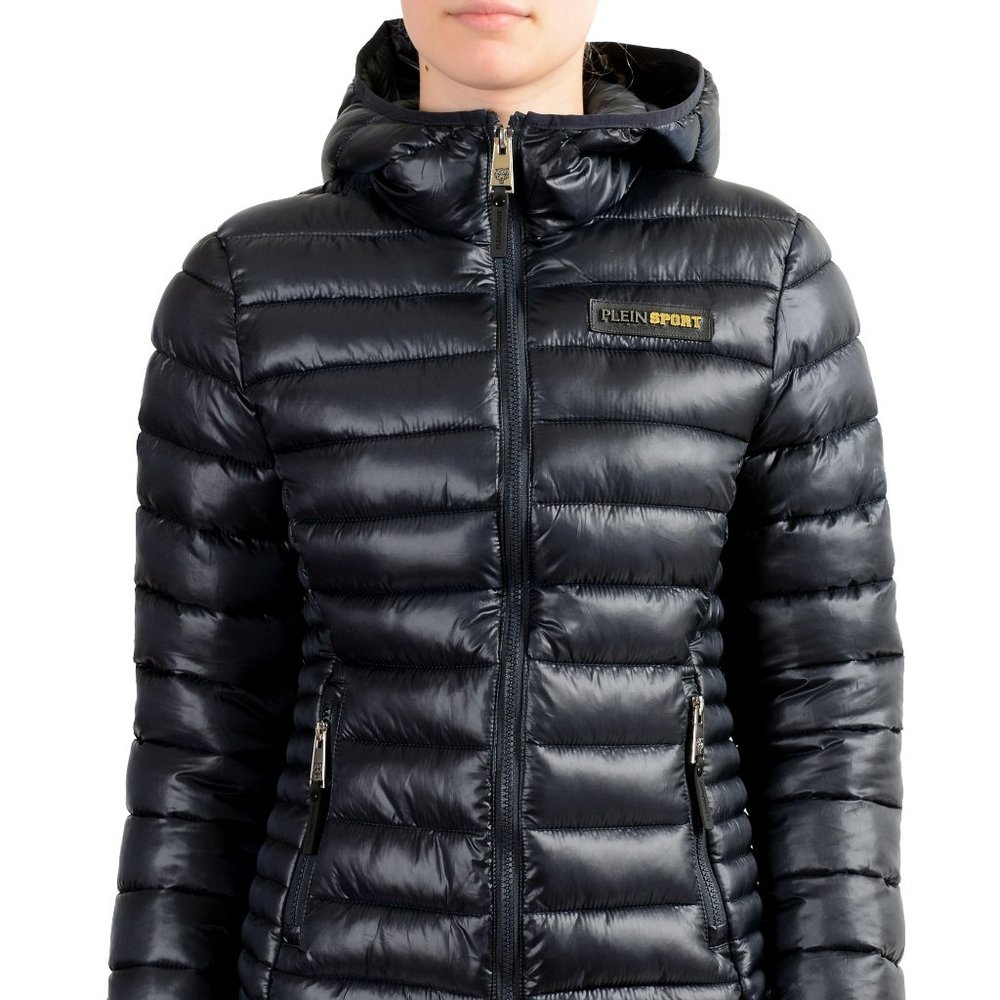 Plein Sport Women's Navy Hooded Logo Print Zip Up Parka Jacket S M L XL 2XL